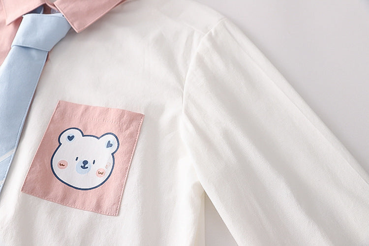 Preppy Cartoon Patch Bear Print Long Sleeve Shirt