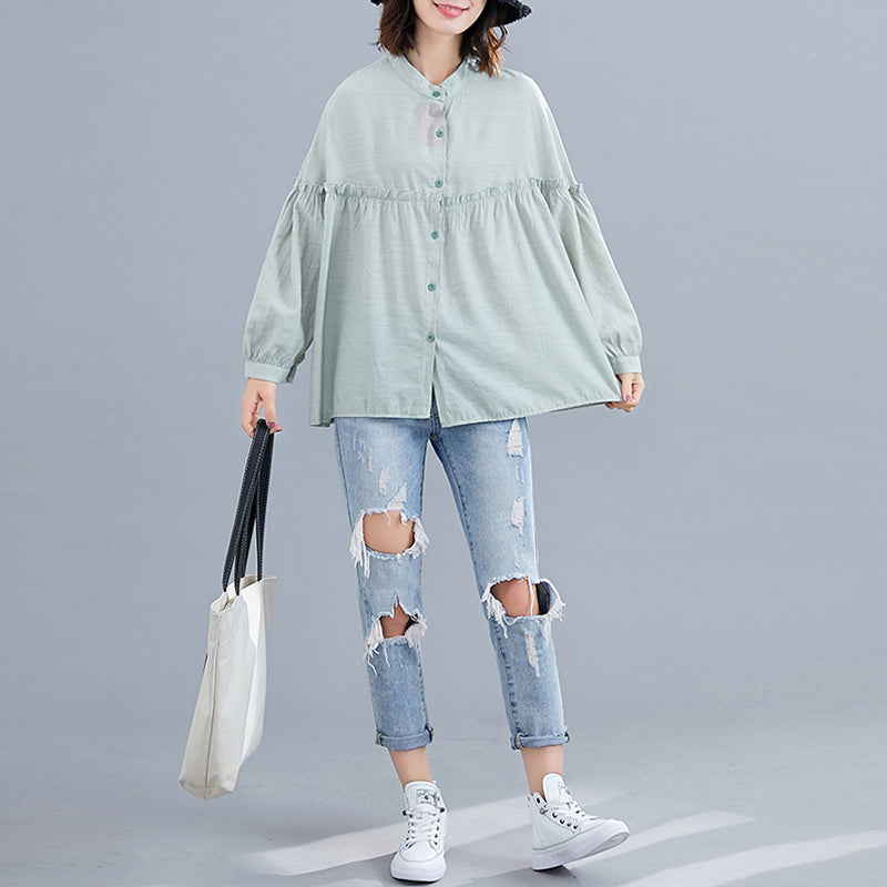 Belly-Covered Top, Stand-Up Collar, Single-Breasted Loose Shirt, Age Reduction