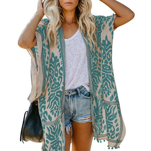 Bali Beach Resort Cardigan Printing Pompoms Kimono Blouses