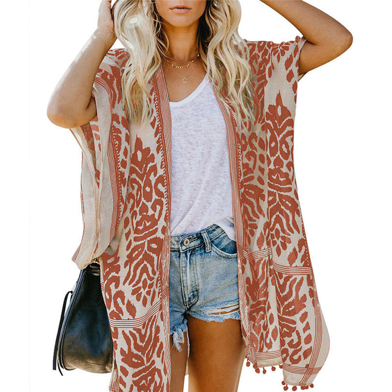 Bali Beach Resort Cardigan Printing Pompoms Kimono Blouses