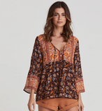 Jastie Summer Gypsy Vintage Style Button Up Blouse V Neck Casual Flutter Sleeve Women Small Top Boho Daisy Print Blouses Blusa