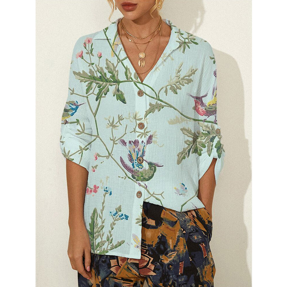 All-match V-neck Digital Printed Shirt