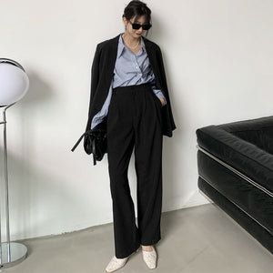 Korean Chic Spring Retro Double-Breasted Design Lapel Loose Casual Long-Sleeved Shirt Women'S Solid Color Top