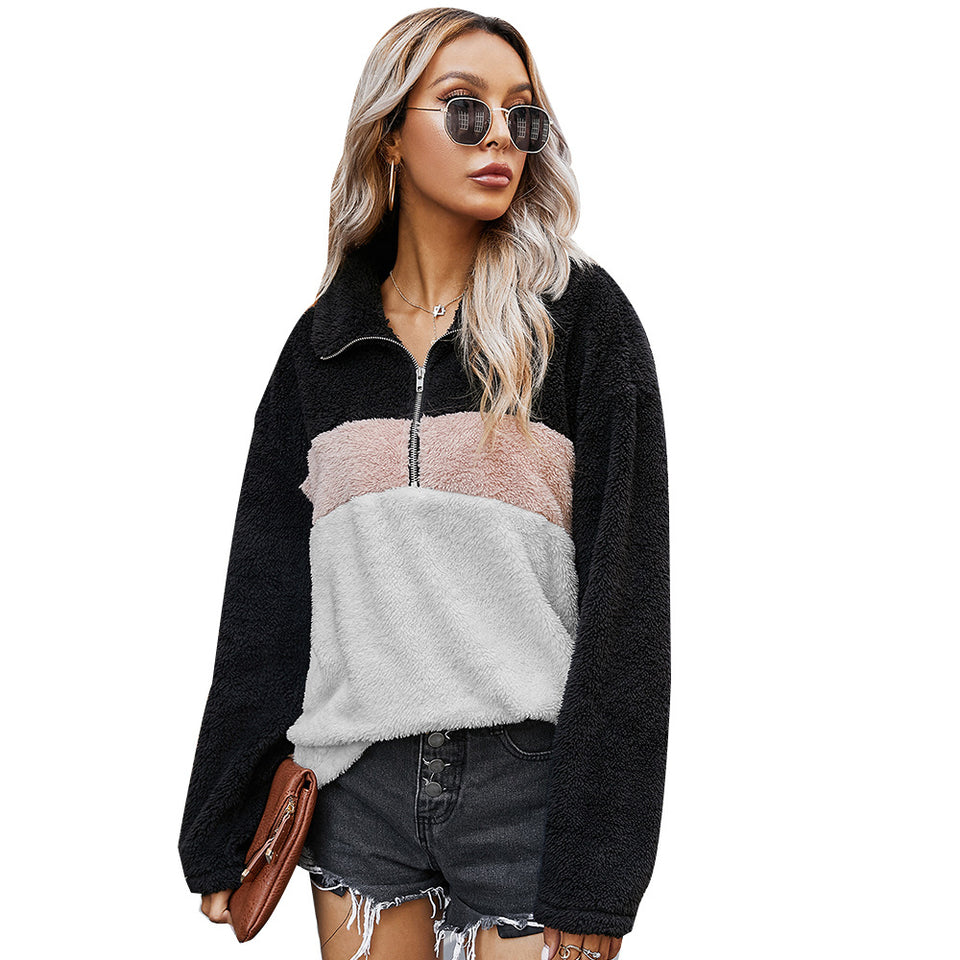 Women's Color-Blocking Lapel Plush Sweater