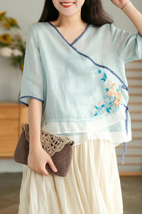 Retro Button Embroidered Shirt Top