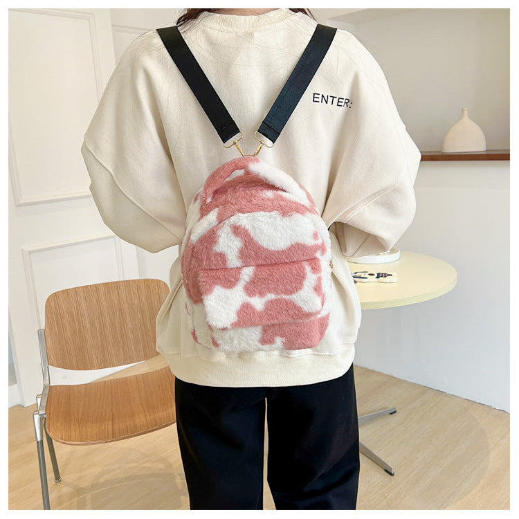 Cute Cows Pattern Furry Backpack Women Small Bags