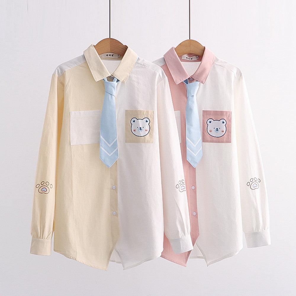 Preppy Cartoon Patch Bear Print Long Sleeve Shirt