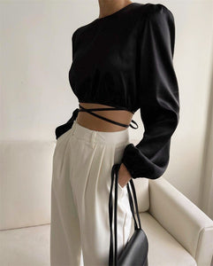 New Lace-up Backless Design Sense Short Section Sexy Navel Long-sleeved Tops Europe And The United States Women Blouses