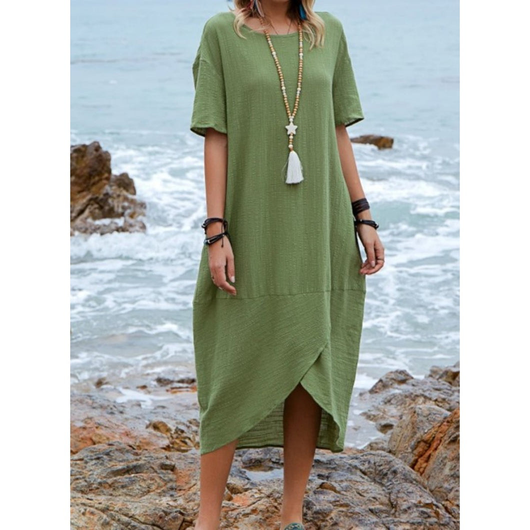 Women Maxi Dress Neck Pocket Summer Loose Casual Baggy Robe Female Retro Long Dresses