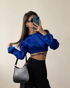 New Lace-up Backless Design Sense Short Section Sexy Navel Long-sleeved Tops Europe And The United States Women Blouses